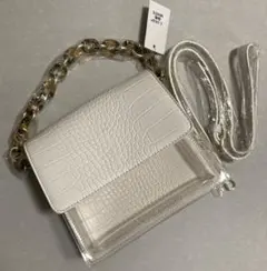 クロコダイル型押し白&クリアのホワミニバッグ、ショルダーベルト付き