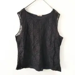 黒 レース 花柄 タンクトップ ノースリーブ カットソー S M