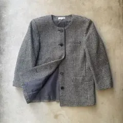 レナウン シルク混 ノーカラージャケット　グレンチェック キュプラ 日本製 L