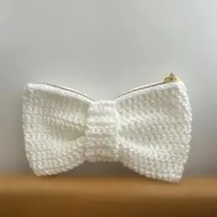 ハンドメイド 編み物 リボン ペンケース ポーチ 筆箱 ホワイト 即購入可