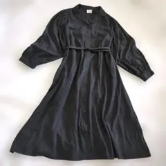 メリージェニー　ブラック ベルト付きロングシャツワンピース ビッグスリーブ　F