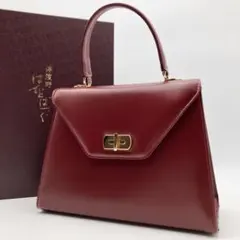 傳濱野 ハンドバッグ den HAMANO レザー レッド 金具 ゴールド