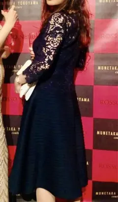 ネイビーレースドレス 膝丈 フレア