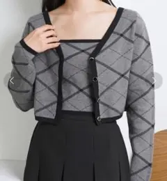 Chiko チコ 長袖チェックジャガードチビカーデ＋キャミSET