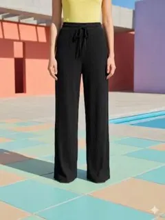リブ編み黒ワイドパンツ ドローストリング付き