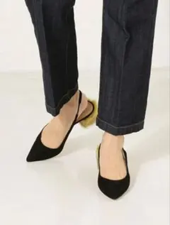 黒 スエード ラビットファー付きミュール