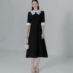 新品タグ◎ LEJA 花柄レースカラースパンコールAラインワンピースドレス