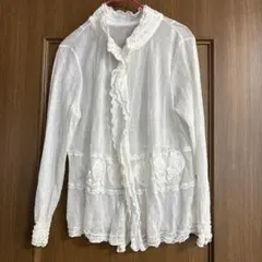 白色 長袖 荷葉邊 蕾絲襯衫