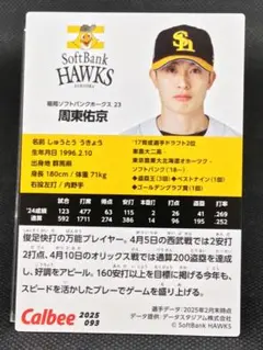 周東佑京 ソフトバンクホークス プロ野球チップス2025 第2弾
