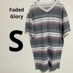 Faded Glory ボーダー　Vネック Tシャツ　グレー系 S】カジュアル