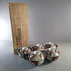 象と鳥が可愛い◇伊万里　色絵蓋付碗2客　アンティーク　骨董品　古美術　珍品 ✨GW限定✨色絵金襴手蓋付き茶碗2客組 花鳥図 幕末～明治期 伊万里