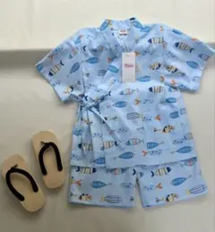 No.J2603｜ハンドメイド 男の子甚平セット 魚柄 水色