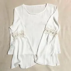 ホワイト シフォン 長袖 トップス レース装飾