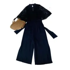 Rirefete ヤマダヤ　レース切替 ネイビー パーティードレスパンツ型着痩せのサムネイル