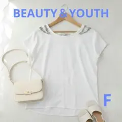 BEAUTY & YOUTH 華やかビジュー付き カットソー 半袖 白 Ｔシャツ