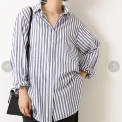 スピック＆スパン　コットンリネン　ストライプソフトシャツ　日本製　ネイビー