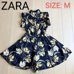 【美品】ザラ 花柄 ノースリーブ オールインワン M ネイビー