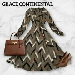 【Diagram】幾何学柄ロングワンピース 36 S相当 カーキ系 美シルエット