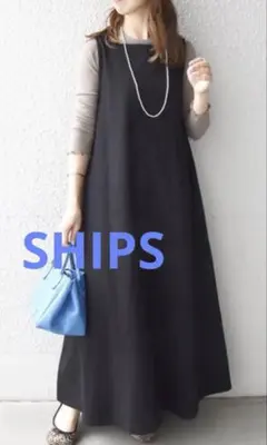 (SHIPS)any モールスキンスクエアネックロングワンピース　黒