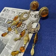 ヴィンテージ アクセサリー　大ぶり　ストーン　イヤリング　レトロ　オレンジ