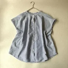 クラシカルエルフ ブラウス フレンチスリーブ　ストライプ バンドカラー Mブルー