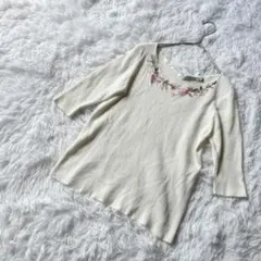 【エフデ】フランドル　五分袖カットソー　花柄刺繍　M Ｖネック　リブニット　夏