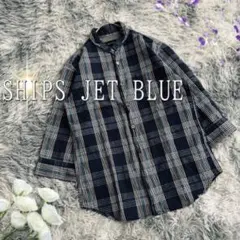 SHIPS JET BLUE 七分袖チェック柄カジュアルシャツ（M）ネイビー