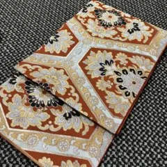 アンティーク帯　袋帯　リメイクにも最適　絹　オレンジ系　花柄
