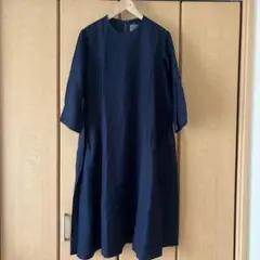 【美品】無印良品リネン七分袖ワンピースMサイズネイビー