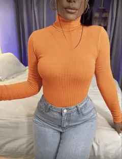 SHEIN オレンジ リブ編み タートルネック L