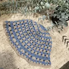 ☆グラニー編み コットン クラッシャーハット バケハ☆ネイビーブルー×ベージュ