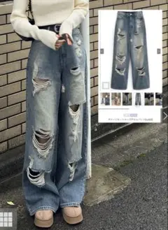 【新品未使用】グレイル　GRL　ダメージカットルーズデニムパンツ[cu525]のサムネイル