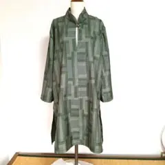 着物リメイク　大島紬　幾何学模様 スタンドカラー ロングチュニック