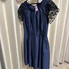 ネイビー Aラインドレス レース袖