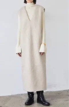 新品 フェイクリング ウール Vネック ボア ワンピース　グレージュM