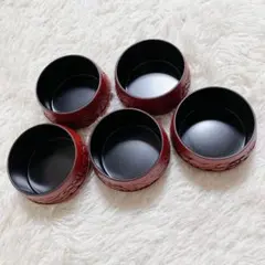 未使用品✨鎌倉彫風 小鉢 5客セット 朱色 彫刻 花柄 菓子器 小物入れ