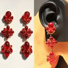 レッド フラワーモチーフ ロング ピアス イヤリング
