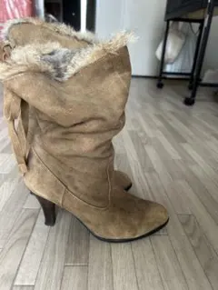 ブラウン　スウェードファー付きロングブーツ