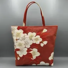 【おまとめ専用】帯 リメイク トートバッグ 赤 梅 /シルバー 鶴