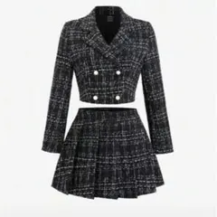 ブラック セットアップ スカート エレガント チェック柄 ダブルブレスト