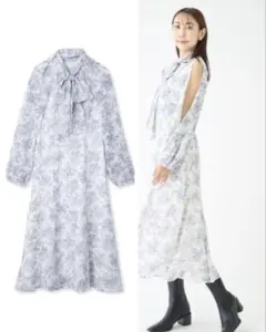 ボウタイ付き 花柄ワンピース ロング丈