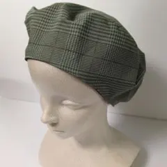 グリーン系チェック柄ベレー帽　ハンドメイド