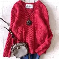 美品 グリーンレーベルリラクシング ハミルトンラムズウール ケーブル編みニット