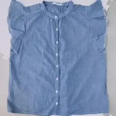ギンガムチェックフリルシャツ「エヘカソポ」ブルー
