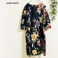 ローラアシュレイ　花柄ワンピース　M ひざ丈　ウエストリボン　華やか　主役級　✨