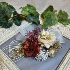 ドライフラワー髪飾り　結婚式成人式七五三夏祭り髪飾り　レッドシャンパンゴールド