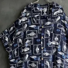 KS island 魚柄 レーヨン アロハシャツ 開襟シャツ ネイビー 3XLのサムネイル