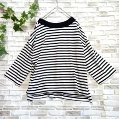 グローバルワーク　七分袖　トップス　タイ　リボン　ボーダー　白　黒　Ⅼ　ゆったり