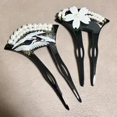 2点セット 簪 かんざし 髪飾り パール バチ型 鶴 花 和装小物 結婚式 留袖