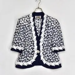 REGENCE　レジアンス 紺　白色　レース　透かし　ジャケット　ノーカラー　夏のサムネイル